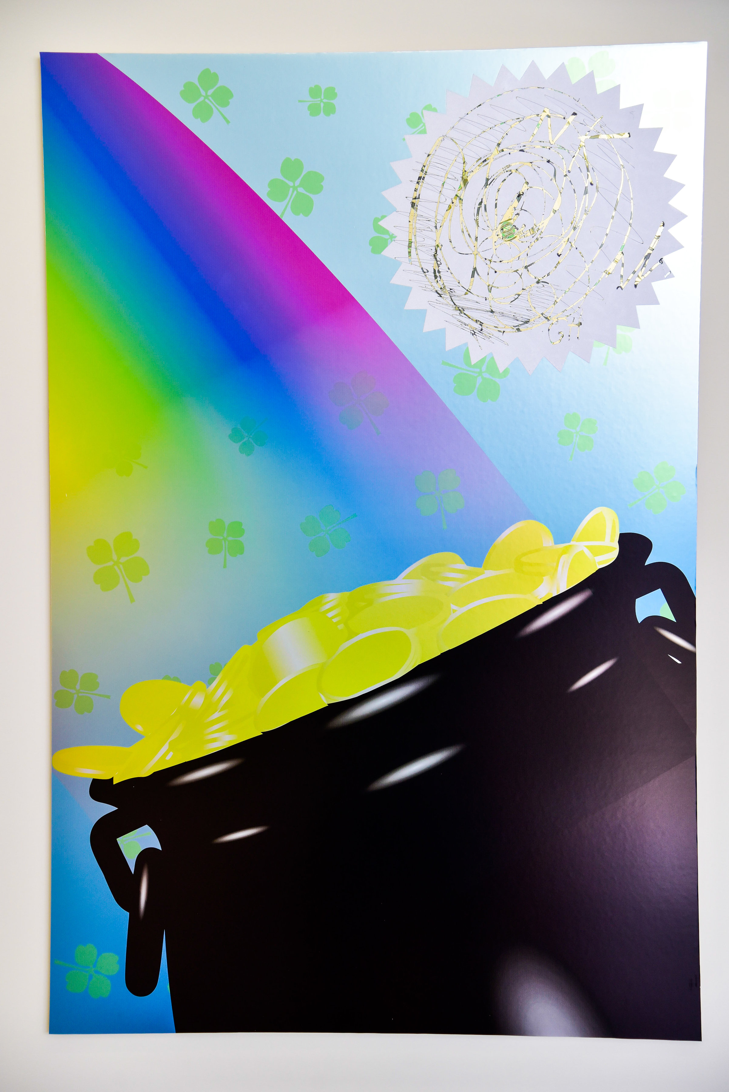 Leprechaun's Loot: Inkjet Print on Metallic Paper Mounted to Panel, UV Ink Screen Print